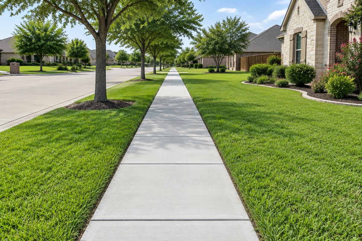Concrete Sidewalks — Illustrative image of a residential concrete sidewalk beside a lawn